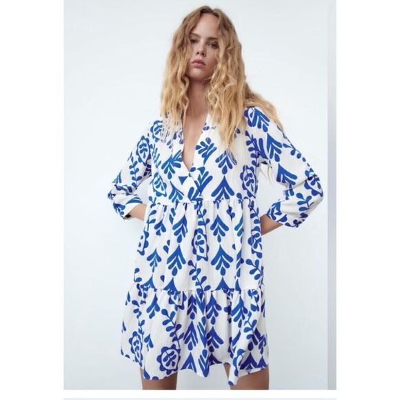 Zara  ECRU PRINTED SHORT DRESS Size S - Picture 7 of 10